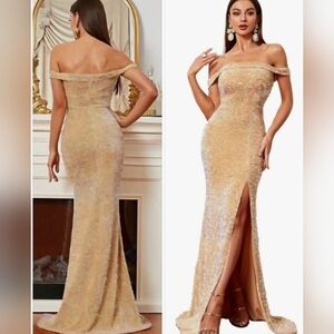 Missord Gold Velvet Sequin Evening Gown, Dress-L STRETCHY NEW‎